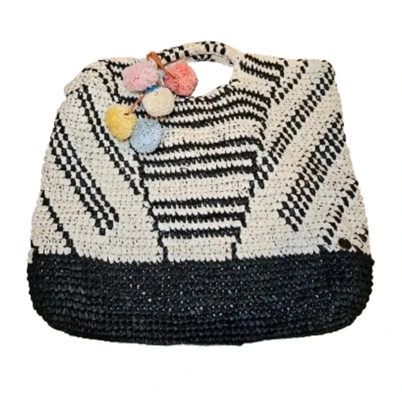 Billabong Talk to The Palm Black Striped Pompom Woven Tote Boho Beach Bag - Picture 3 of 13